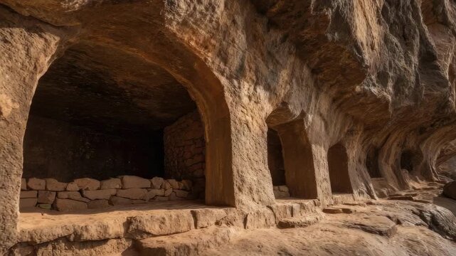 Row of ancient rock-cut caves carved into a cliff face with arched openings and stone platforms along a ledge.