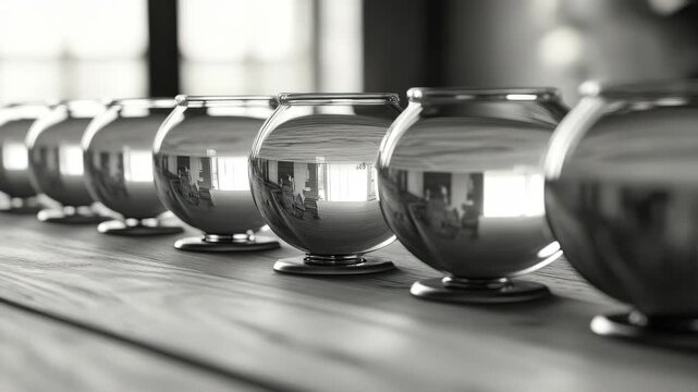 A close-up view of round bowls with reflective surfaces arranged in a row on wooden surface.