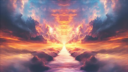 Spectacular sky with vibrant hues and dramatic clouds at sunset over the ocean horizon. - Powered by Adobe