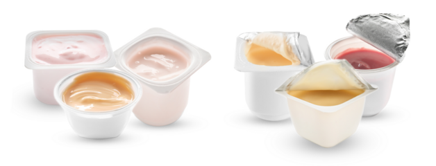 six open containers of assorted fruit flavored yogurts or creamy desserts arranged dynamically and isolated on a clean, solid transparent background.