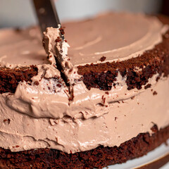 Close up of a chocolate cake with frosting being cut with a knife