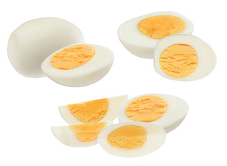 grouping of whole and neatly sliced hard-boiled eggs, showcasing the smooth white and vibrant orange yolks, placed statically against a transparent background.
