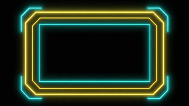 Futuristic neon frame with glowing blue and yellow glowing lines on dark background