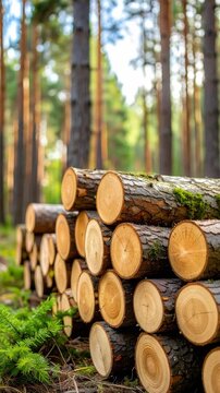 Stacked tree logs in a forest clearing, showcasing wood texture and forest background.