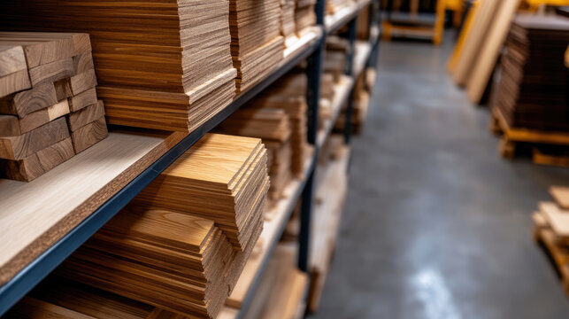 shelves filled with stacks of laminate, parquet, OSB and chipboard in household goods warehouse, bright clean interior