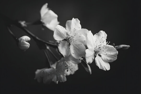 black and white blossom branch captured with soft contrast lighting creating an artistic minimal aesthetic