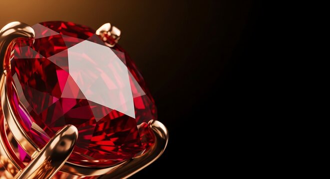 Luxury red gemstone ring close up with gold setting, faceted jewel macro on warm background with copy space
