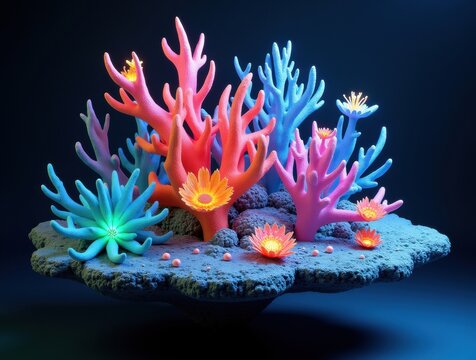 Vibrant artificial coral reef with glowing anemones and sea creatures