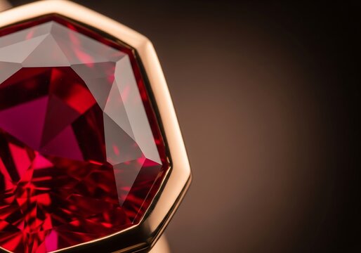 Luxury red gemstone ring close up with gold setting, faceted jewel macro on warm background with copy space