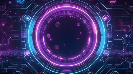with digital user interface (HUD) elements that glow in neon purple and blue. A complex circular design with technological patterns, ideal for science, science fiction, or dig-themed projects. - Powered by Adobe