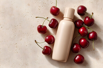 blank cosmetic bottle surrounded by fresh cherries on a soft beige background creating natural product branding
