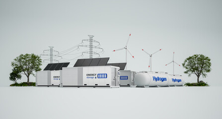Alternative energy concept with group of energy storage systems or battery container units with various sources of energy