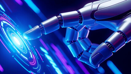 A robotic hand reaches out to touch a glowing, futuristic interface, surrounded by streaks of neon light, symbolizing technological advancement and innovation