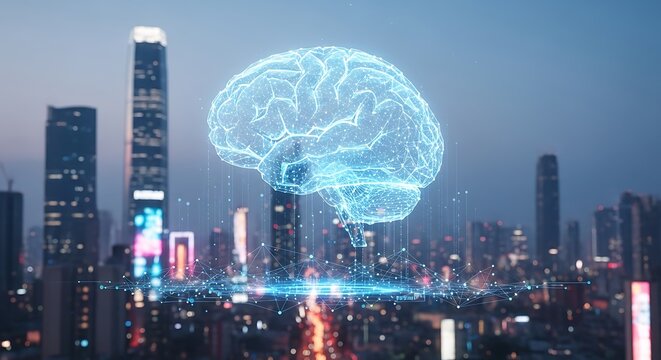 Digital Brain Illustration Over City Skyline with Futuristic Technology Elements