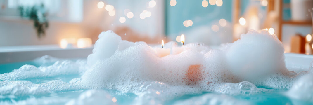 Close-up of luxurious bubble bath with lit candles creating serene and relaxing atmosphere, enhanced by soft bokeh lights in tranquil background