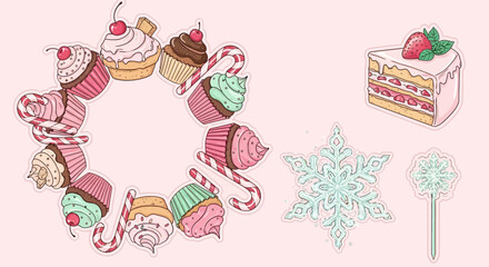 Fototapeta premium Elegant Dessert Vector Elements with cupcake wreath and cake slice for Christmas bakery branding