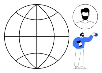 Large spherical grid, professional holding document and globe icon, user avatar. Ideal for network, communication, technology, global reach, digital integration teamwork business. Simple flat