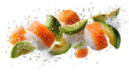 Fresh Japanese Sushi Featuring Salmon and Avocado on Black Background with Sprinkling of Sesame Seeds