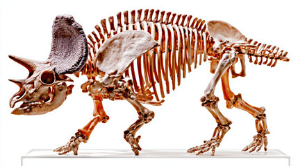 Triceratops skeleton on display in museum, detailed fossil bones and ribs evoking wonder and curiosity