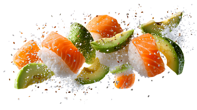 Fresh Japanese Sushi Featuring Salmon and Avocado on Black Background with Sprinkling of Sesame Seeds