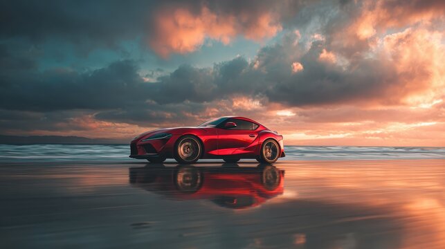 Red sports car parked on the beach during sunset under colorful clouds with reflections on wet sand