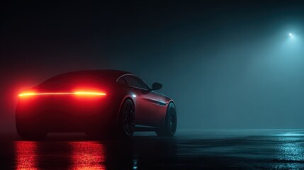 Sleek red sports car parked on a wet street in a foggy night scene illuminated by distant lights