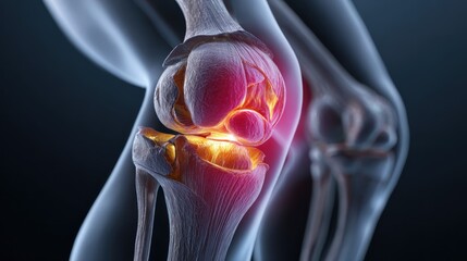 Medical illustration of a human knee joint showing inflammation and pain