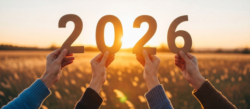 Group of diverse people holding up large 2026 numbers together at sunset in a field, perfect for New Year campaigns, teamwork friends motivation visuals or business celebration and growth concepts