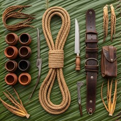 Traditional Sri Lankan Coconut Toddy Tapper Rope and Tools Flatlay on Rustic Surface