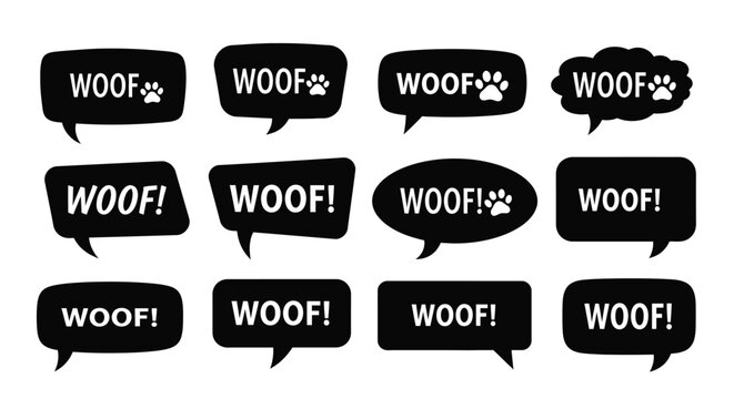 Cute woof dog bark speech bubbles for pet adoption and animal rescue