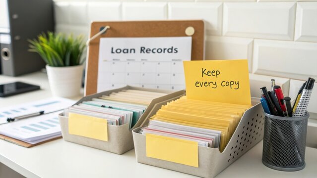 Organized workspace with file storage for loan records and reminder note to keep every copy for efficient management