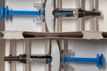 Pre-filled syringes are ready for use in a medical care setting
