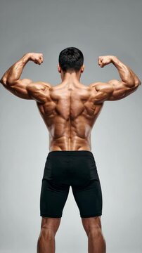 Muscular man flexing biceps and back muscles. Athlete in black shorts demonstrating strength. Fitness concept with a male back.