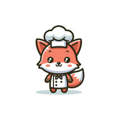 Obraz premium A cute cartoon fox wearing a chef's hat and uniform, standing with its paws at its sides.
