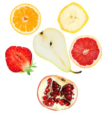 radial composition of fresh, halved fruits: orange, banana, strawberry, pear, grapefruit, and open pomegranate, showcasing vibrant textures and colors isolated on black.
