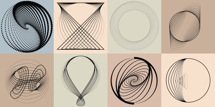 Abstract visual harmony of circles and curved lines , perfect for digital branding. Linear circular art with balanced curves ideal for posters, packaging and web design. Vector rotational shapes set.
