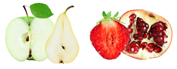 composition of four fresh fruit halves: green apple, yellow pear, bright red strawberry, and open pomegranate, showcasing natural colors and internal textures isolated on black.