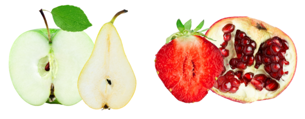 composition of four fresh fruit halves: green apple, yellow pear, bright red strawberry, and open pomegranate, showcasing natural colors and internal textures isolated on black.