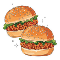 Two delicious sloppy joe sandwiches ready to eat transparent background
