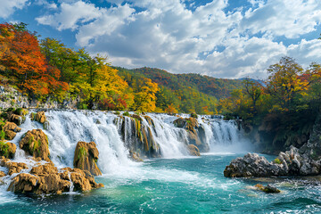 Forest waterfall scene with flowing water and vibrant green surroundings, symbolizing natural purity, travel escapes, and the healing power of wild landscapes