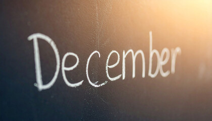 Word DECEMBER written in white chalk on chalkboard, winter season concept, educational