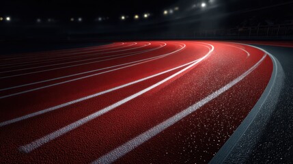 Empty athletic track illuminated by stadium lights during nighttime, showcasing the vibrant red surface and white lane markings for training or competition