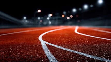 Bright red running track under night lights with blurred figures enjoying a late-night workout session