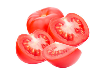 composition of whole and sliced ripe red tomatoes, featuring detailed cross-sections of halves and a wedge, showcasing freshness and texture, isolated on black.