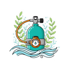 Scuba diving gear underwater scene with plants and waves transparent background