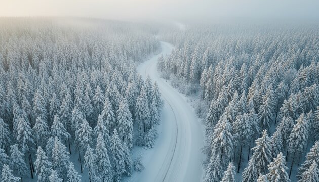 Snowy Forest Road Aerial View - Mist and Soft Winter Light