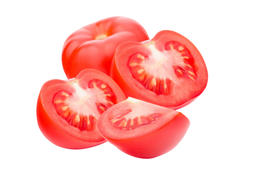 composition of whole and sliced ripe red tomatoes, featuring detailed cross-sections of halves and a wedge, showcasing freshness and texture, isolated on black.