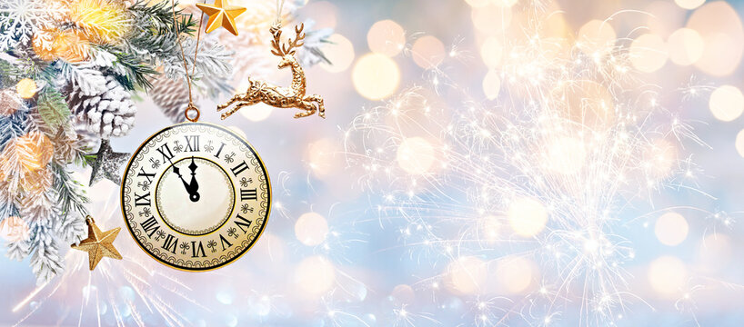 Festive New Year's Clock and Reindeer Ornament on Snowy Pine Branch with Sparkling Bokeh. Christmas and New Year banner - Powered by Adobe