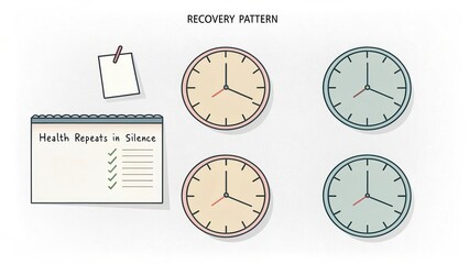 Recovery pattern concept with clocks, checklist, and health reminder for wellness, self-care, and personal growth journey