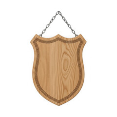 Rustic wooden shield hung by chains displaying natural wood texture transparent background